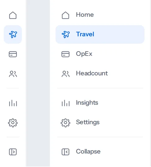 The left navigation shown collapsed to an icon rail beside its expanded state, with Home, Travel, OpEx, Headcount, Insights, Settings, and Collapse