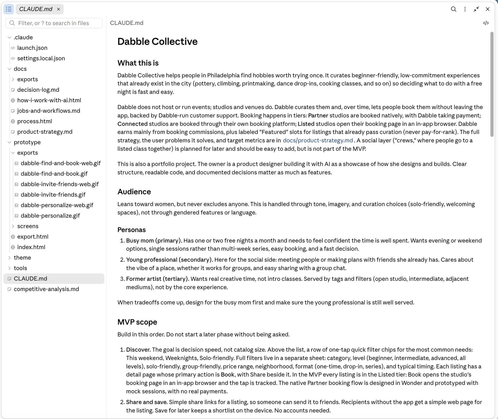 CLAUDE.md open in an editor, showing the Dabble Collective brief: what this is, audience, three personas and MVP scope