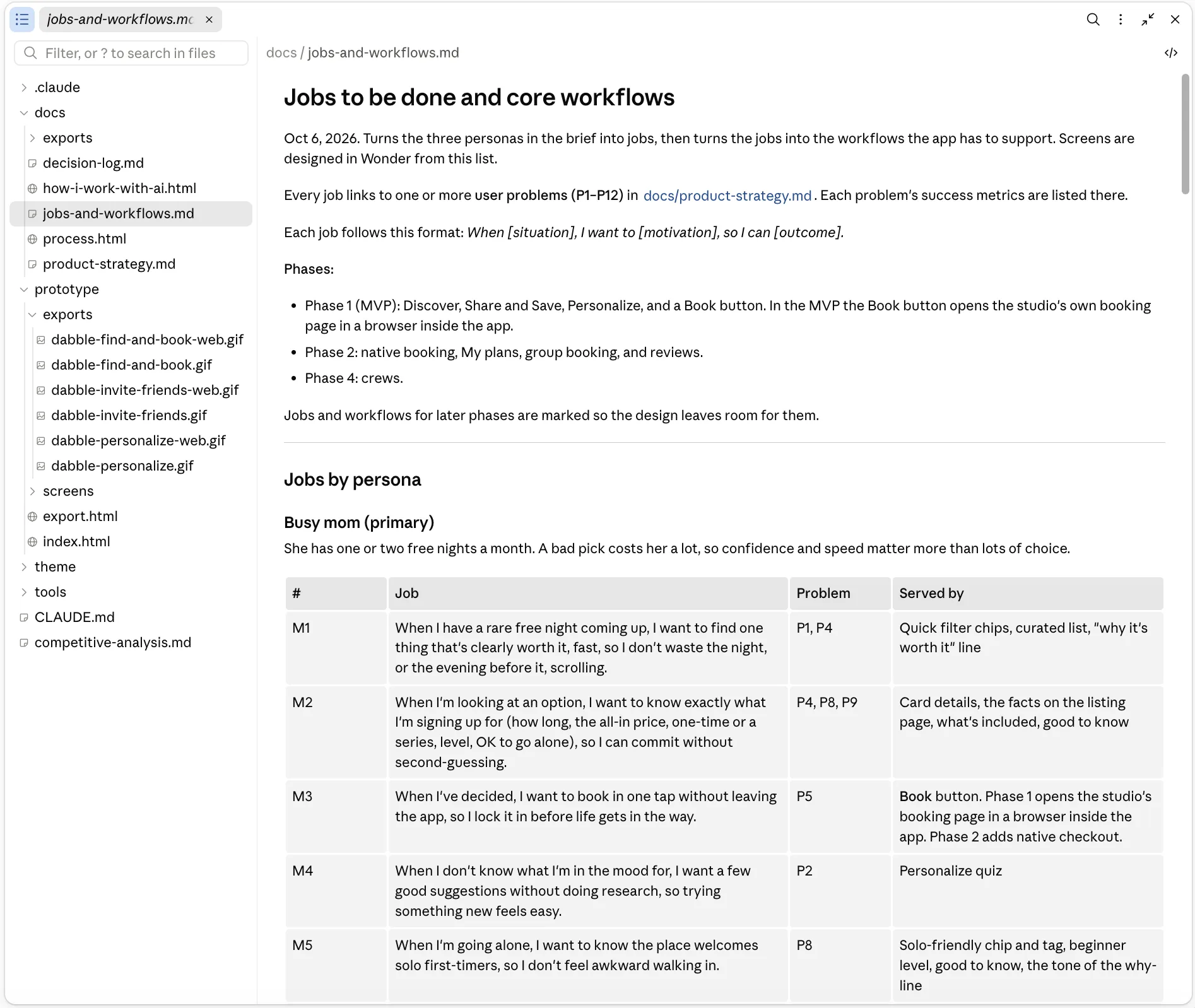 jobs-and-workflows.md showing jobs by persona in a table, each job tagged to a problem number and the feature that serves it