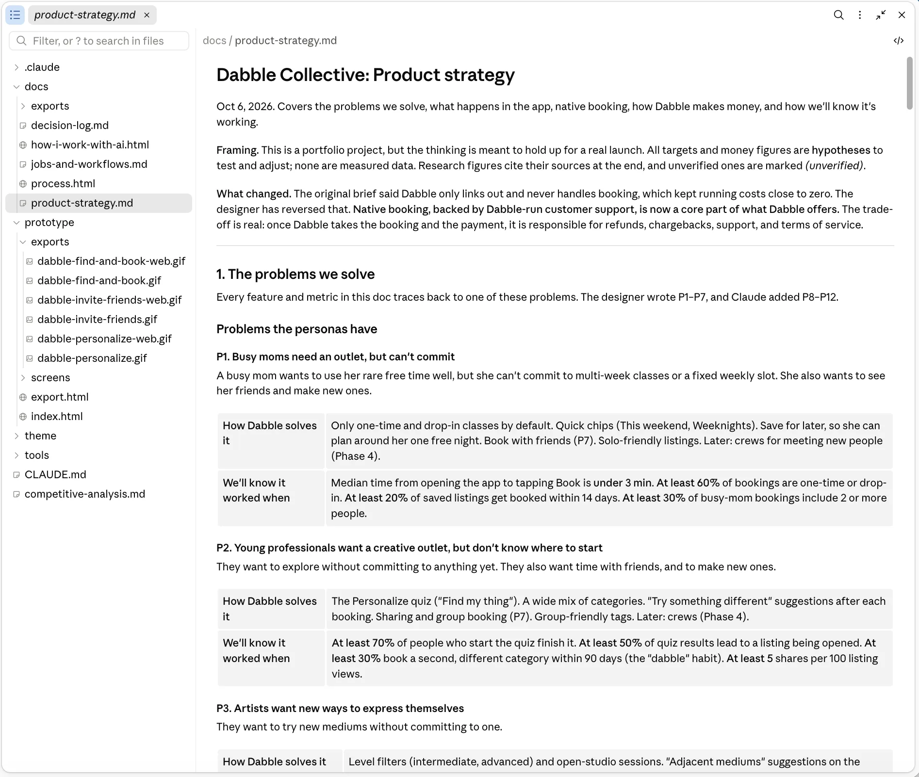 product-strategy.md showing numbered user problems, each with a table of how Dabble solves it and the metrics that would prove it worked