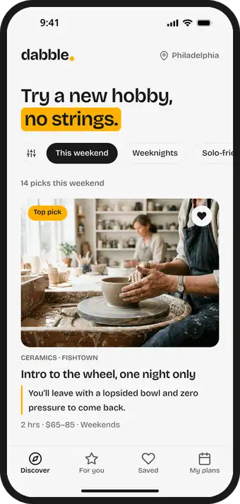 The find and book flow: the Discover screen with the headline Try a new hobby, no strings and a filtered list of classes, into a class detail page with what you'll do, what to know and reviews, then choosing a date and time, setting the party size, and landing on a confirmation