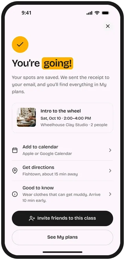 The invite friends flow: from the booking confirmation, tapping Invite friends to this class opens a sheet showing who is going and how many spots are left, a choice between friends booking their own spot or being added and paid for, a preview of what they will see, a share link, and finally the friend's view headed Join Maya at the wheel