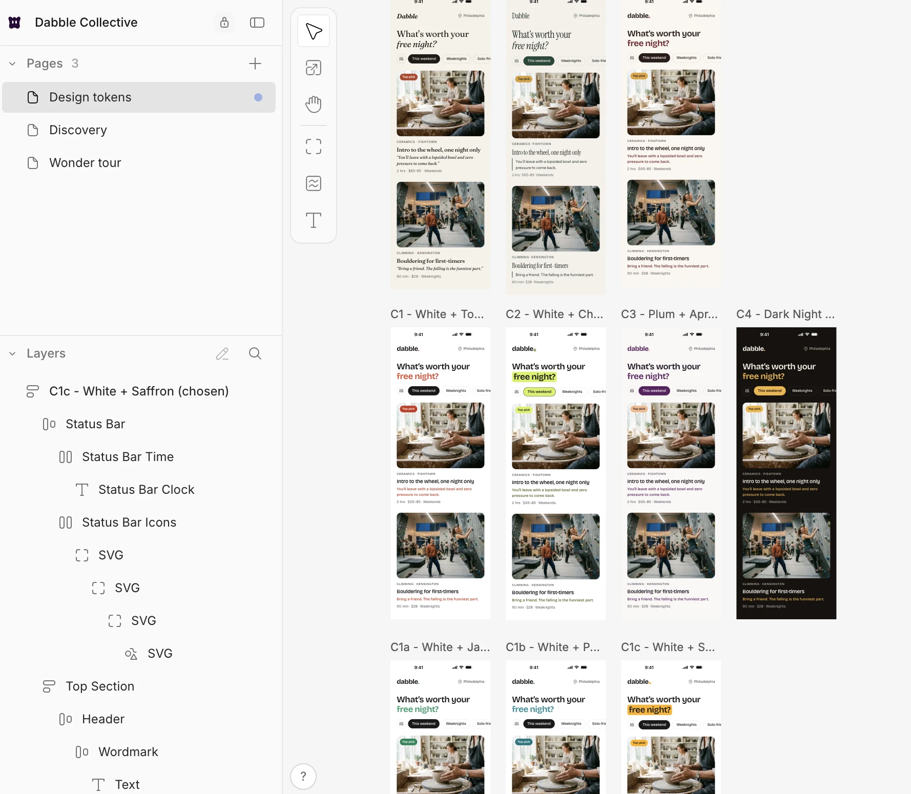 The Wonder canvas showing the same Discover screen repeated across palette options C1 through C4 and C1a through C1c, with wordmark variants above them and C1c, white and saffron, marked as chosen in the layers panel