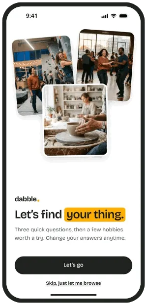 The personalize flow: an intro screen headed Let's find your thing with a skip link, then three questions covering interests, which nights are usually free, and budget, ending on a Recommended for you list with an Edit answers link