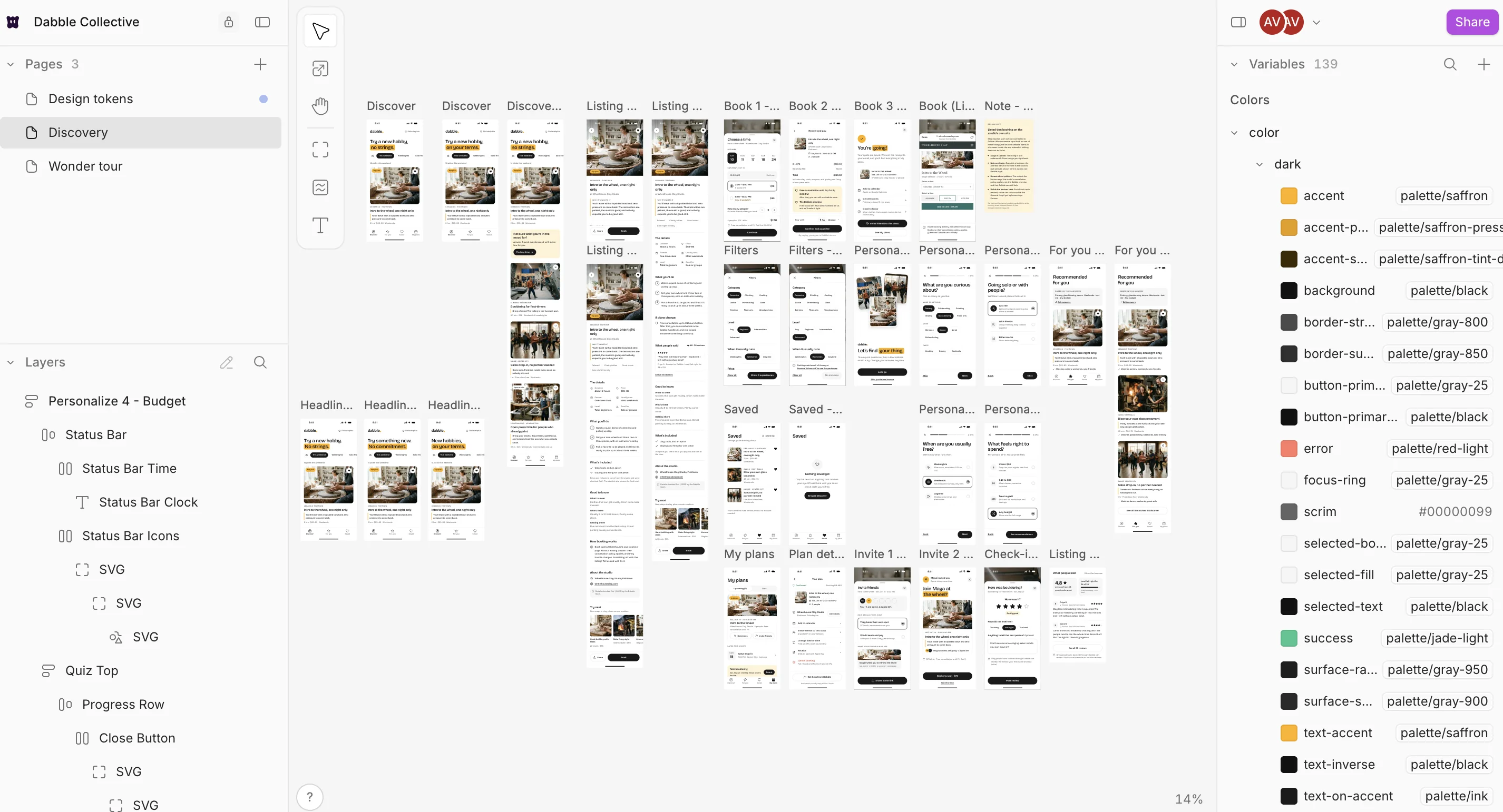 The Wonder canvas for Dabble Collective, showing roughly thirty app screens laid out in columns from Discover through Listing, Book, Filters, Personalize, Saved, My plans and Invite, with the variables panel open on the right listing the synced colour tokens