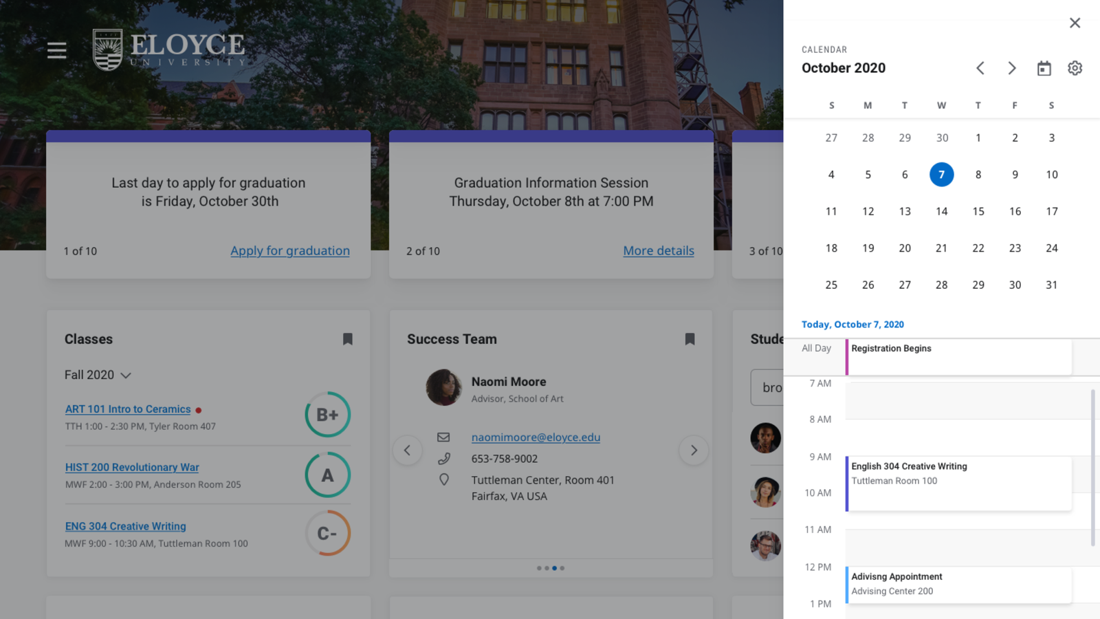 Day view of the calendar, layered over the dashboard on desktop, showing a single day's hourly schedule
