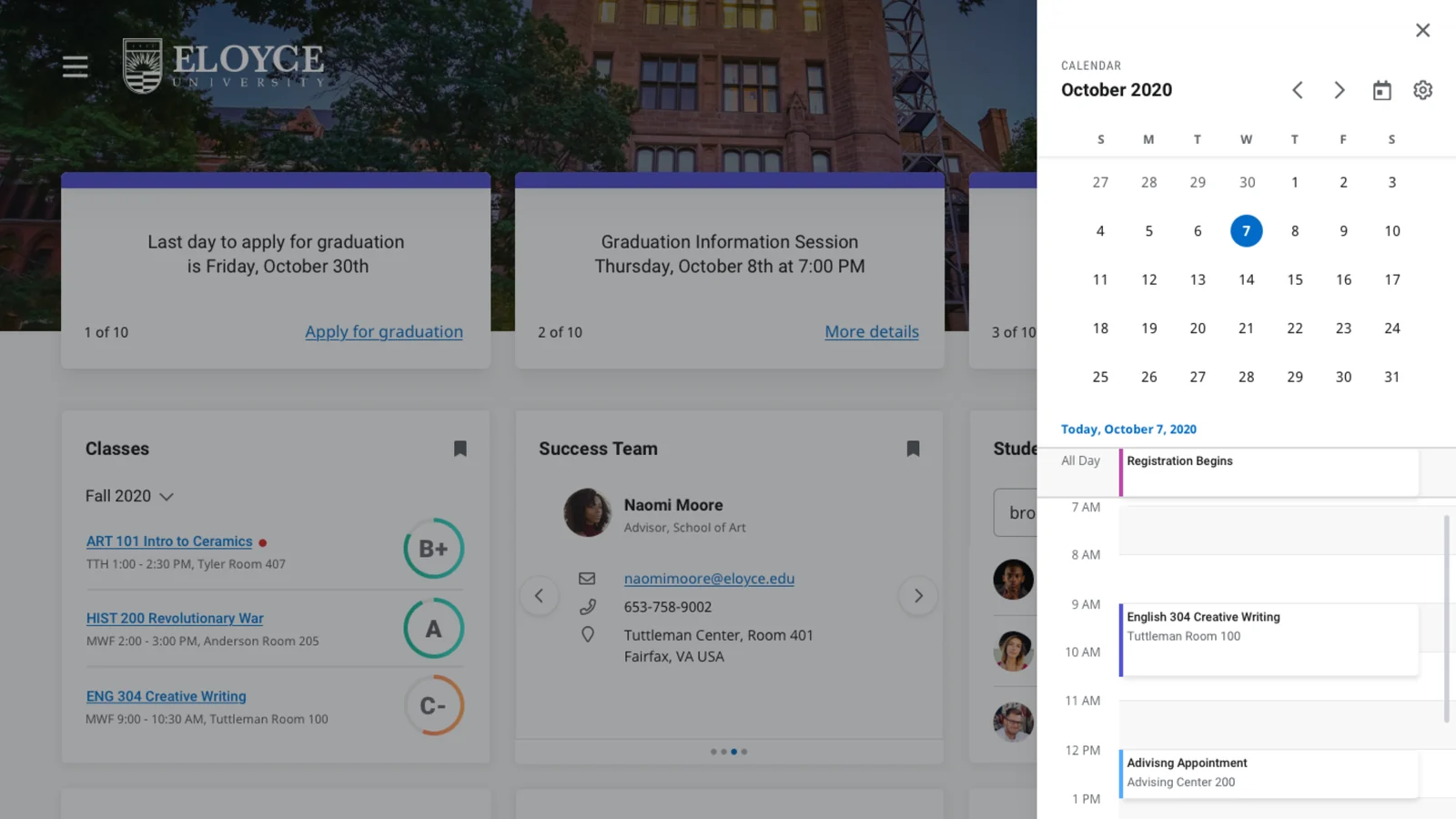 Day view of the calendar, layered over the dashboard on desktop, showing a single day's hourly schedule