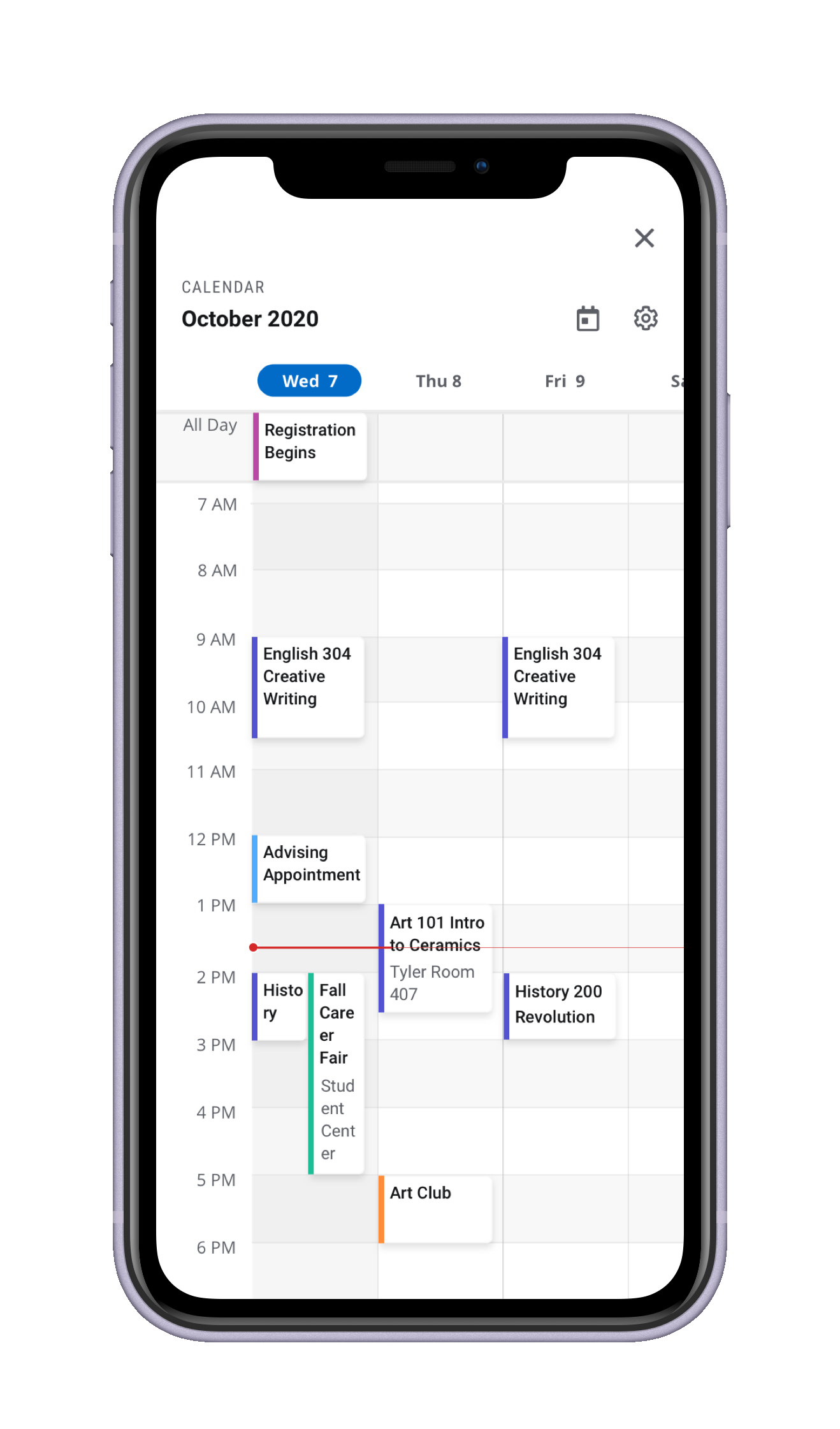 3-Day view of the calendar on mobile, showing three days side by side in an hourly grid