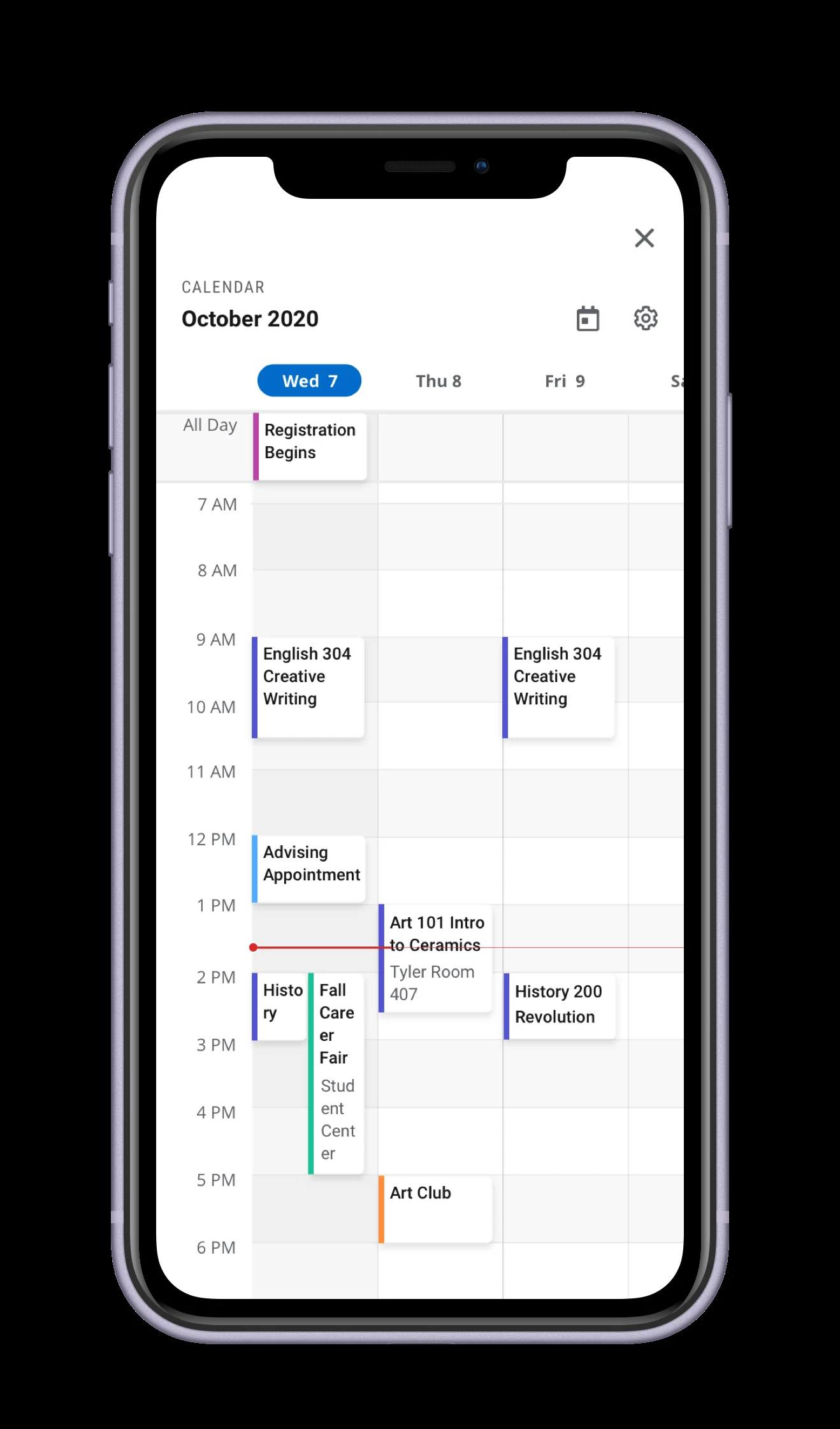3-Day view of the calendar on mobile, showing three days side by side in an hourly grid