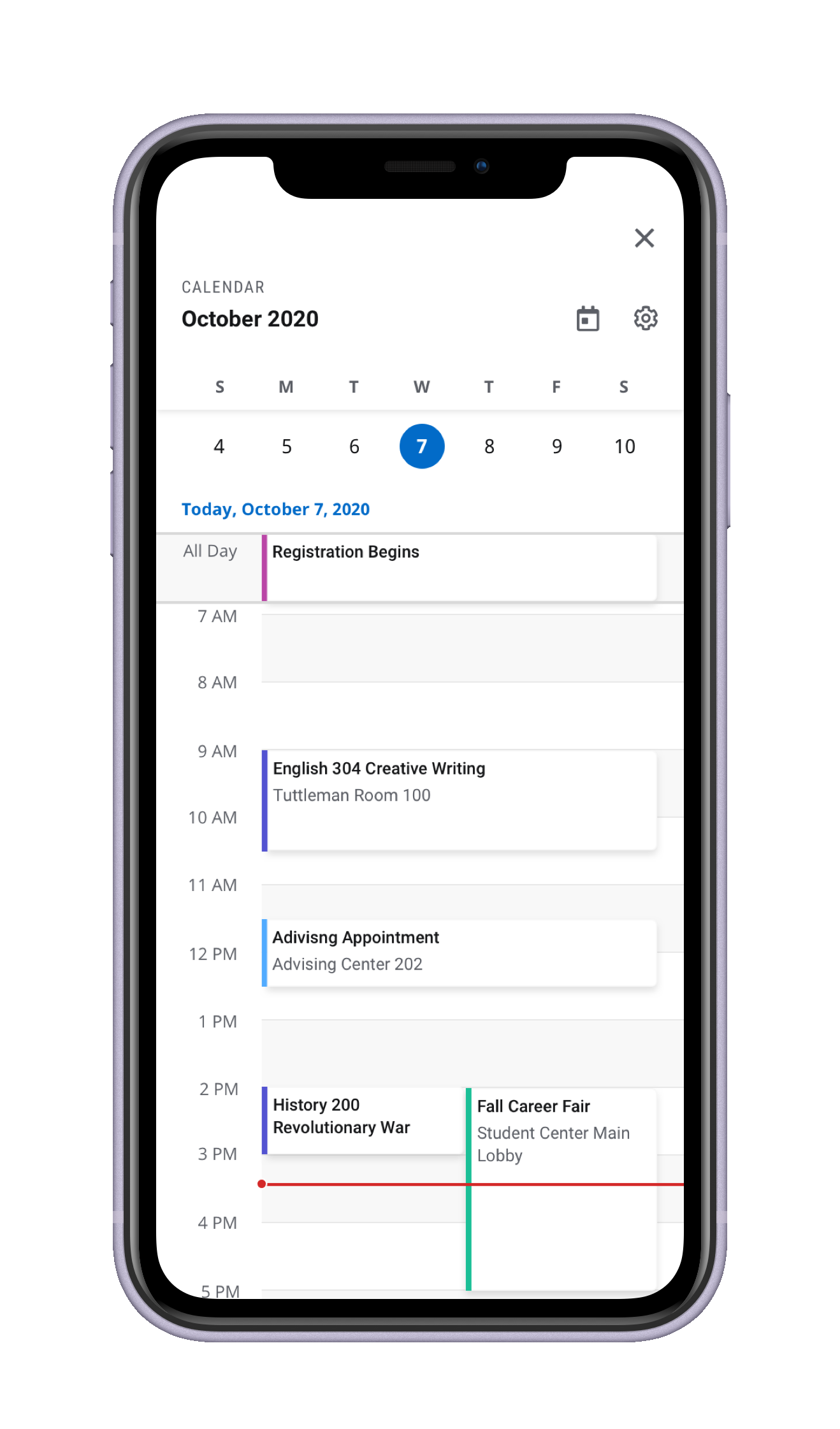 Day view of the calendar on the mobile app, showing a single day's hourly schedule