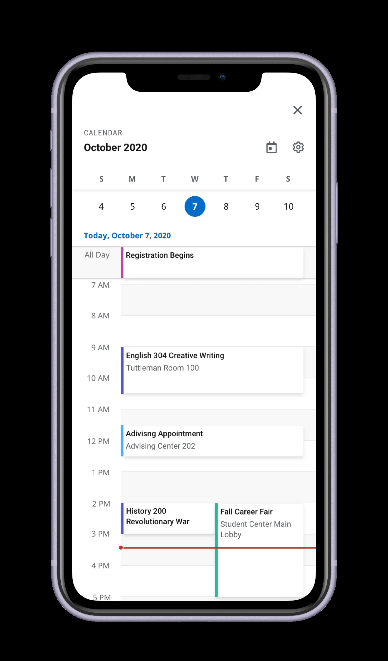 Day view of the calendar on the mobile app, showing a single day's hourly schedule