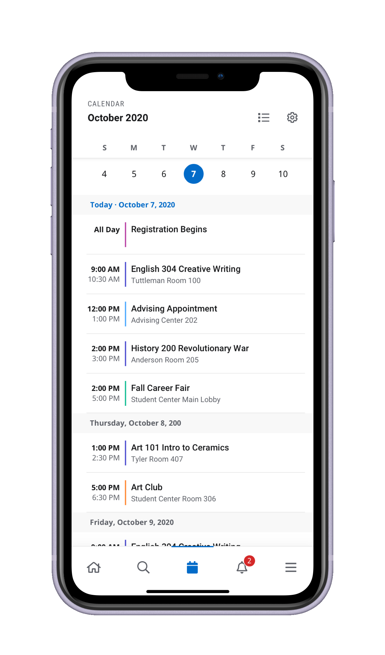 List view of the calendar on the mobile app, showing upcoming events grouped by day with bottom tab navigation