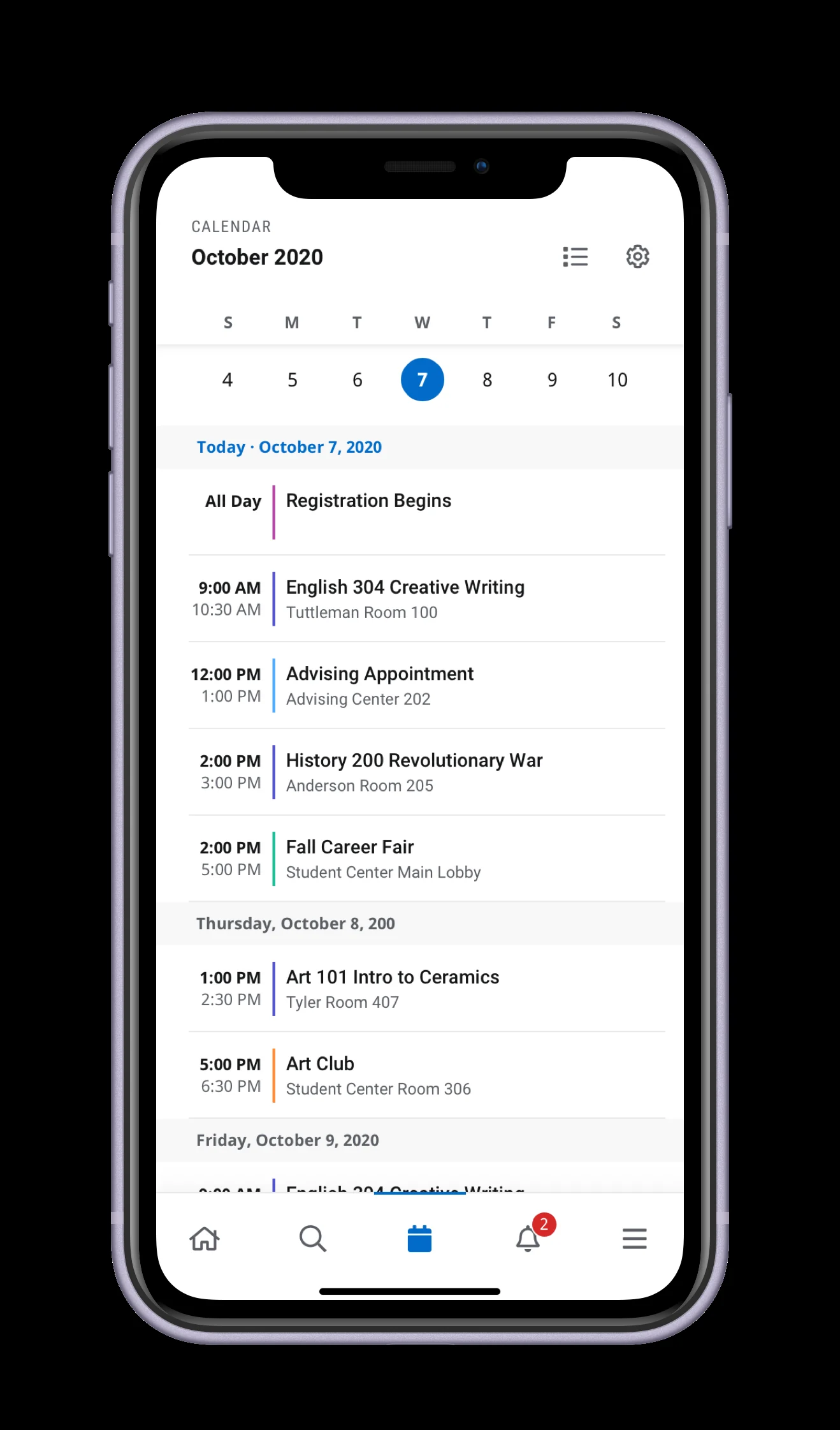 List view of the calendar on the mobile app, showing upcoming events grouped by day with bottom tab navigation