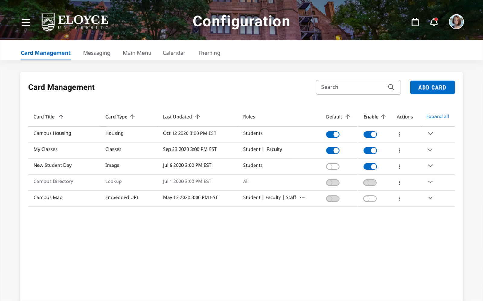 Card Management admin table listing cards, their type, roles, default and enabled status