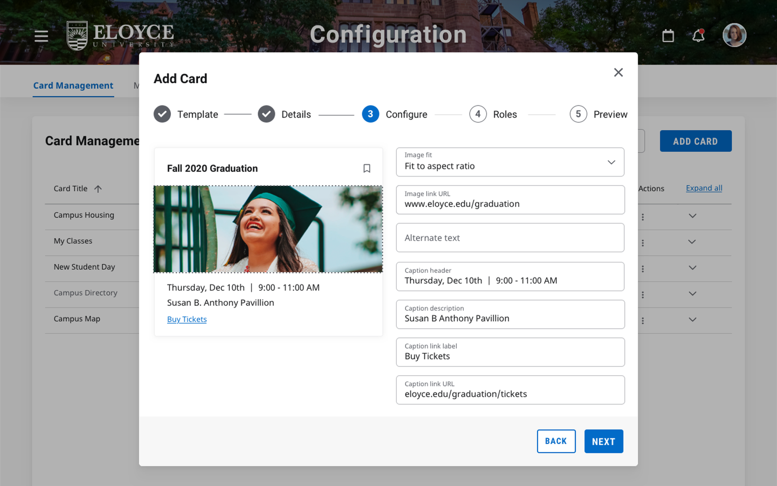 Admin card configuration wizard showing image, caption, and link settings for a graduation event card