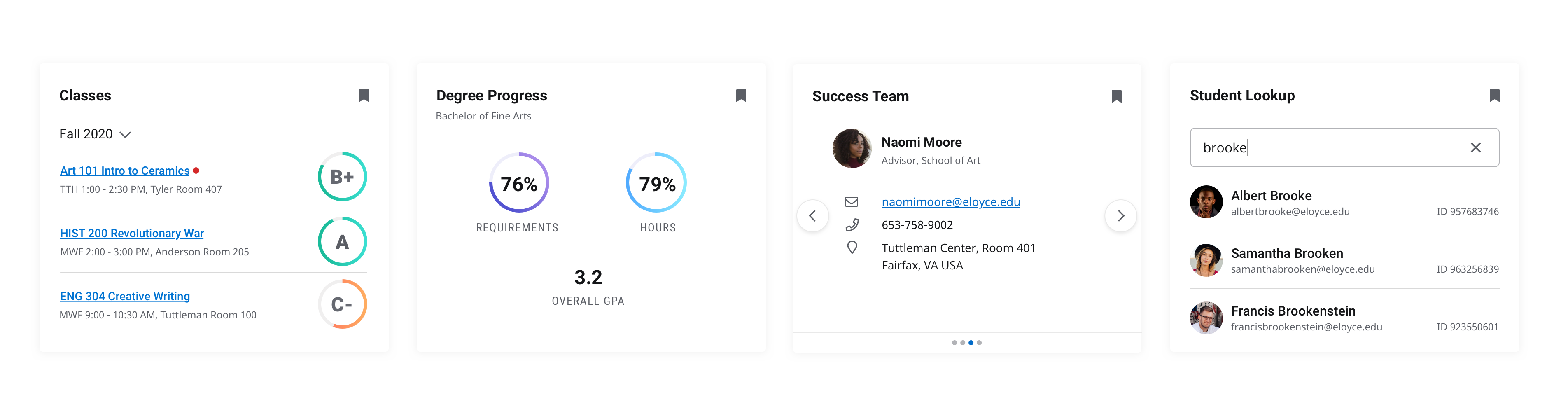 Four example cards: Classes, Degree Progress, Success Team, and Student Lookup
