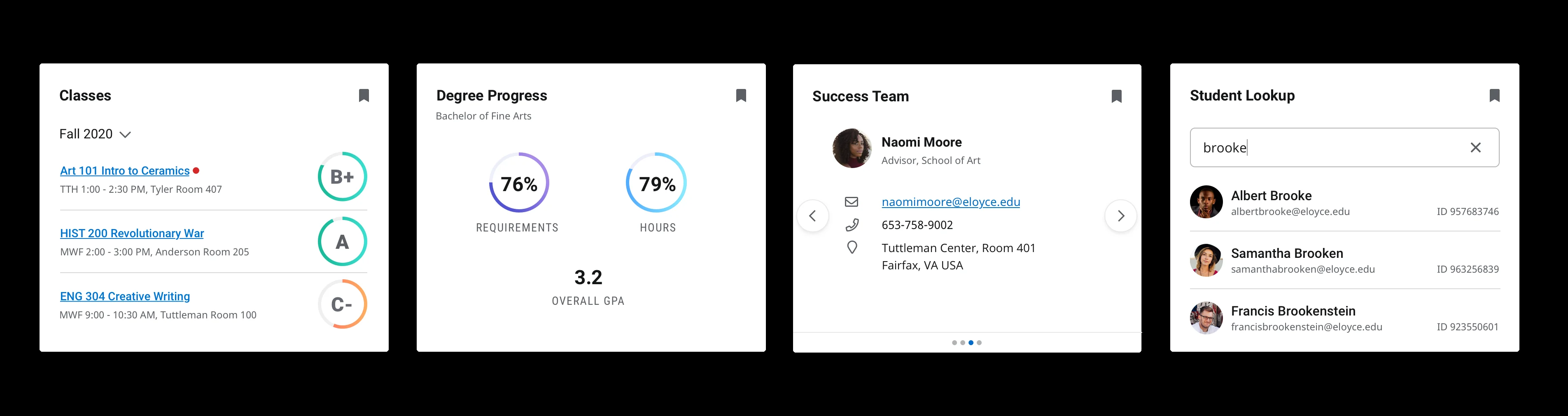 Four example cards: Classes, Degree Progress, Success Team, and Student Lookup