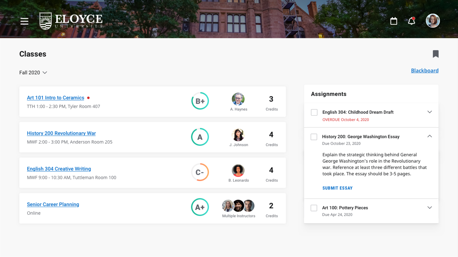 The Classes page showing course grades, instructor contacts, credits, and a linked Assignments panel