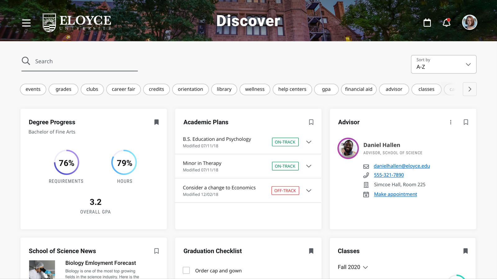 The Discover page showing Degree Progress, Academic Plans, Advisor, School News, Graduation Checklist, and Classes cards