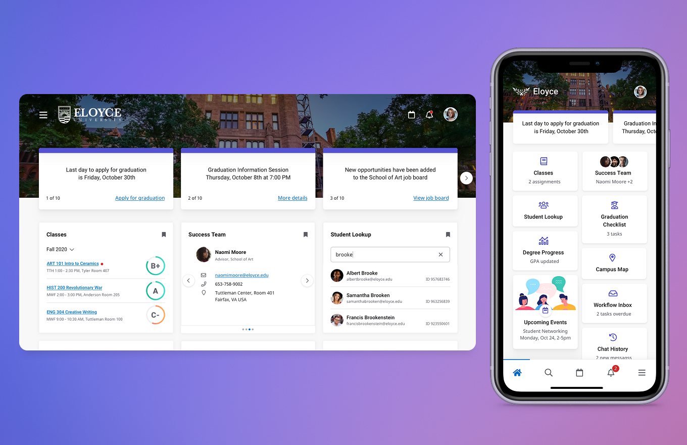 Ellucian Experience dashboard on desktop and mobile