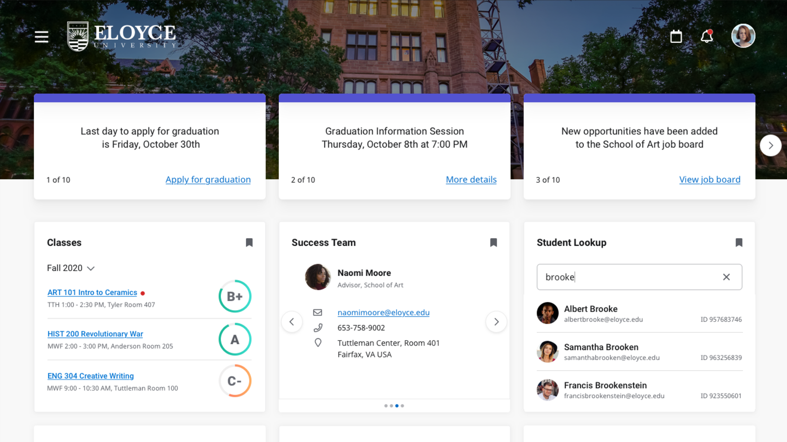 The Eloyce home dashboard showing the announcement carousel with Classes, Success Team, and Student Lookup cards below