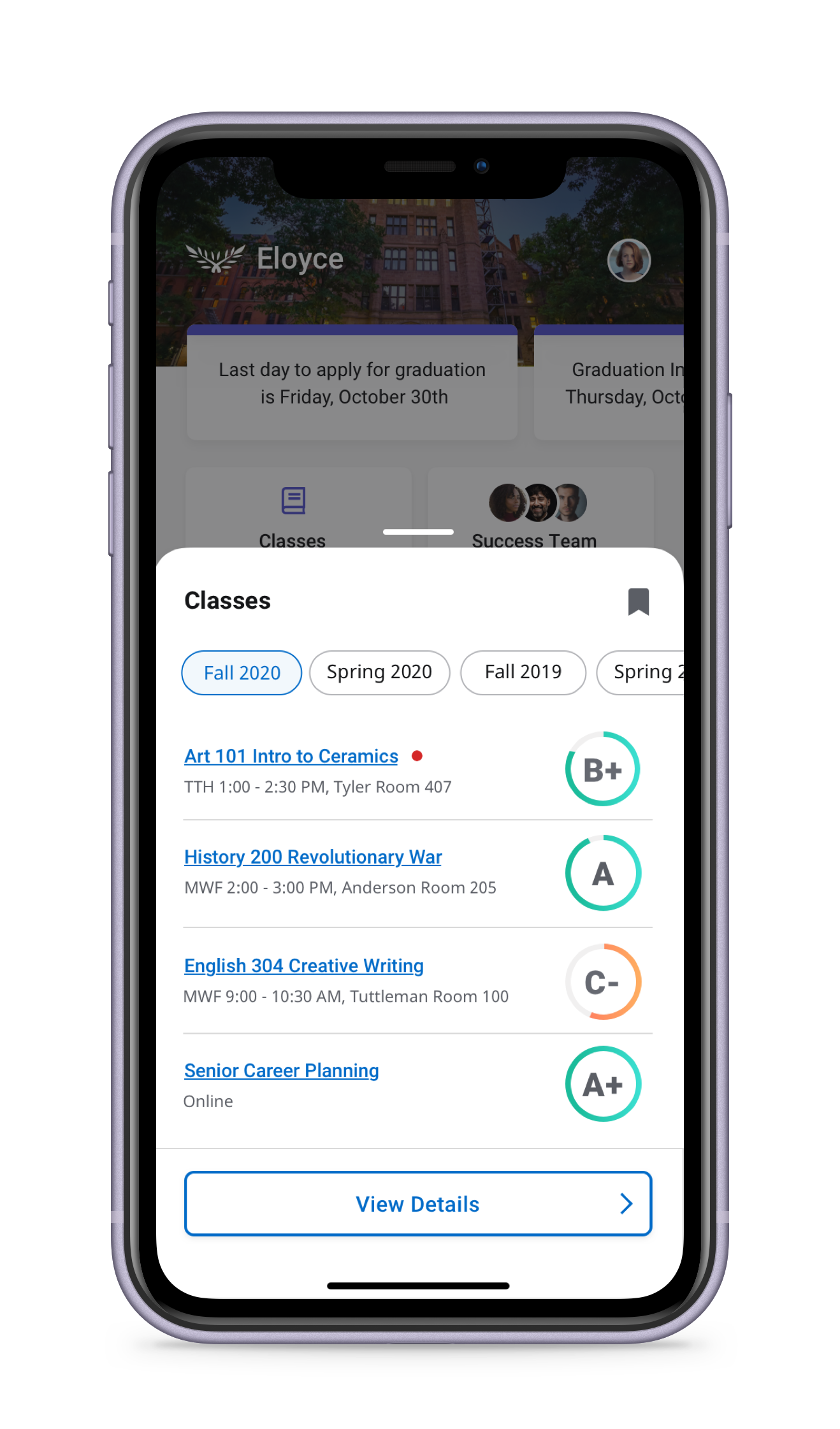 Mobile Classes view opened from the icon-grid home
