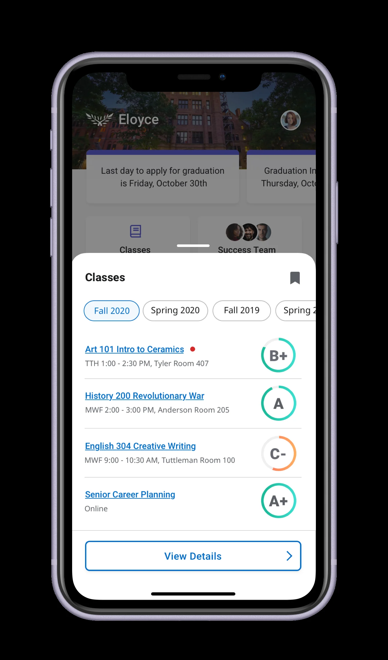 Mobile Classes view opened from the icon-grid home