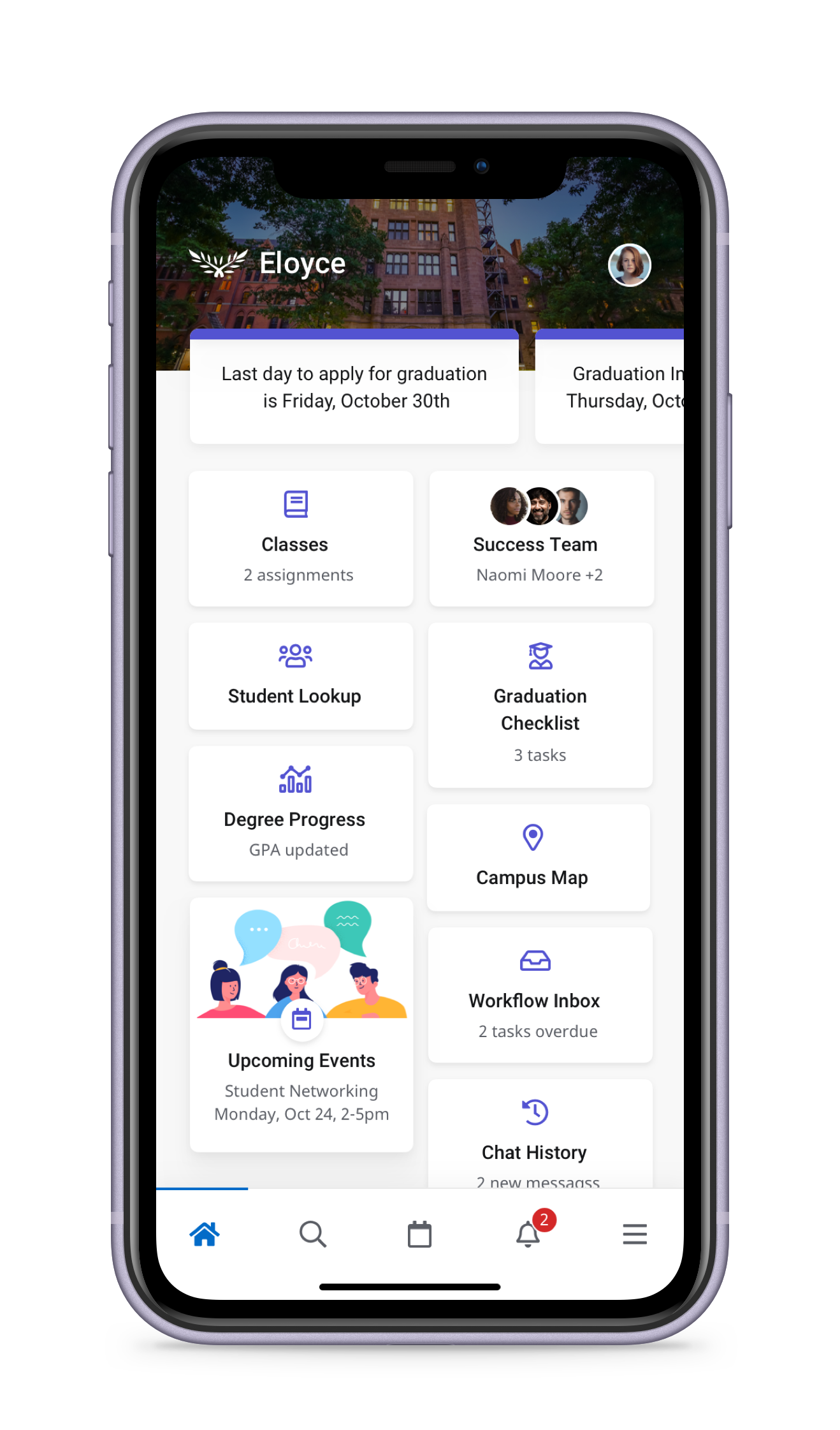 Mobile home with icon grid navigation and a persistent bottom tab bar