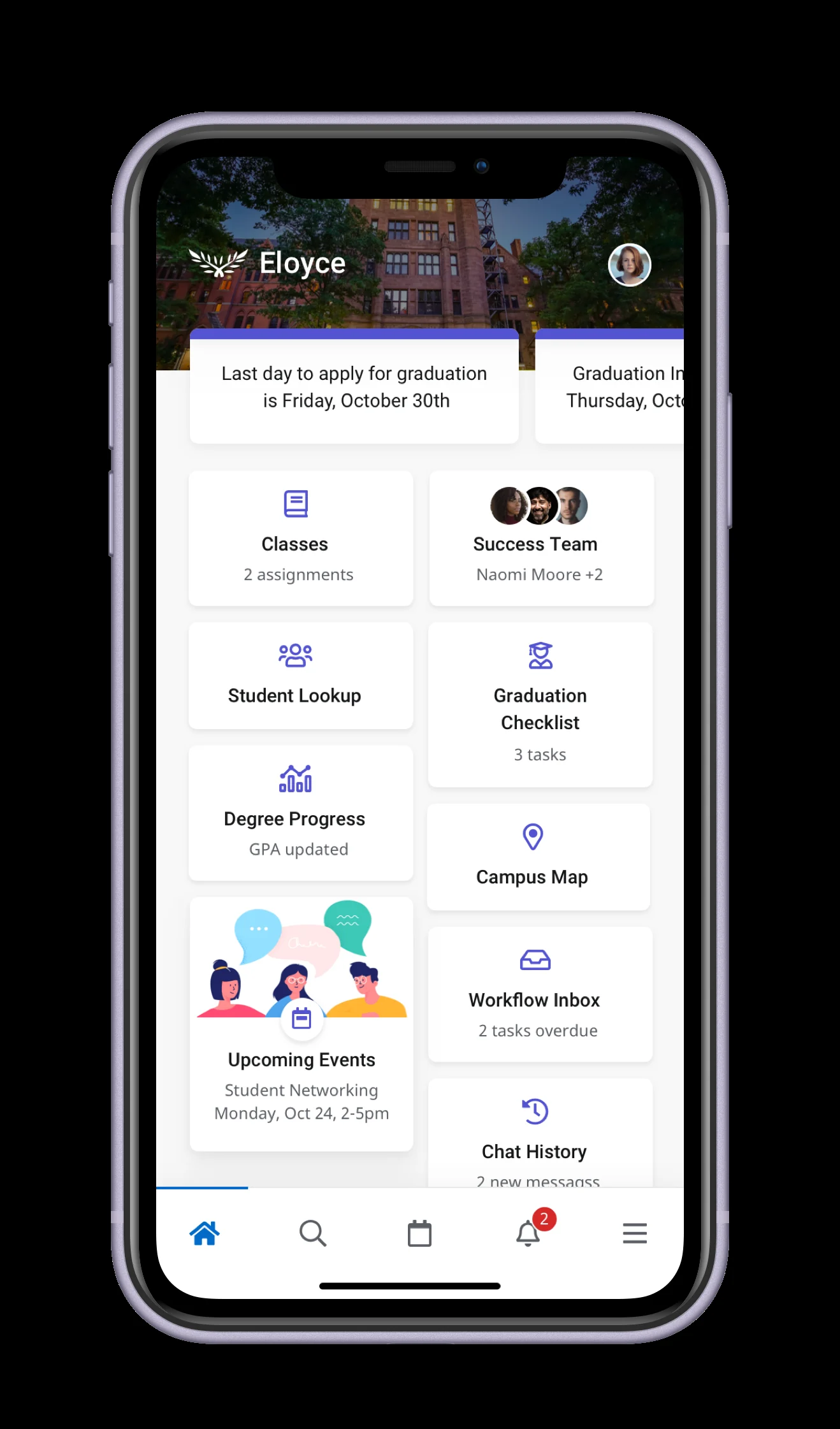 Mobile home with icon grid navigation and a persistent bottom tab bar