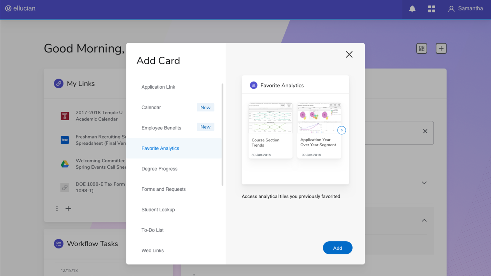 The old Add Card modal, letting end users freely choose from a long unstructured list of card types