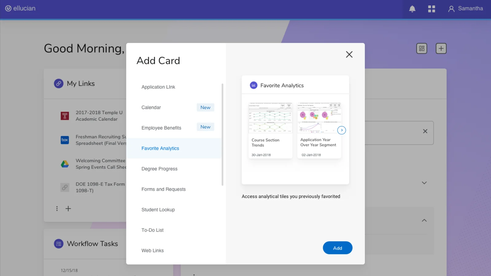 The old Add Card modal, letting end users freely choose from a long unstructured list of card types