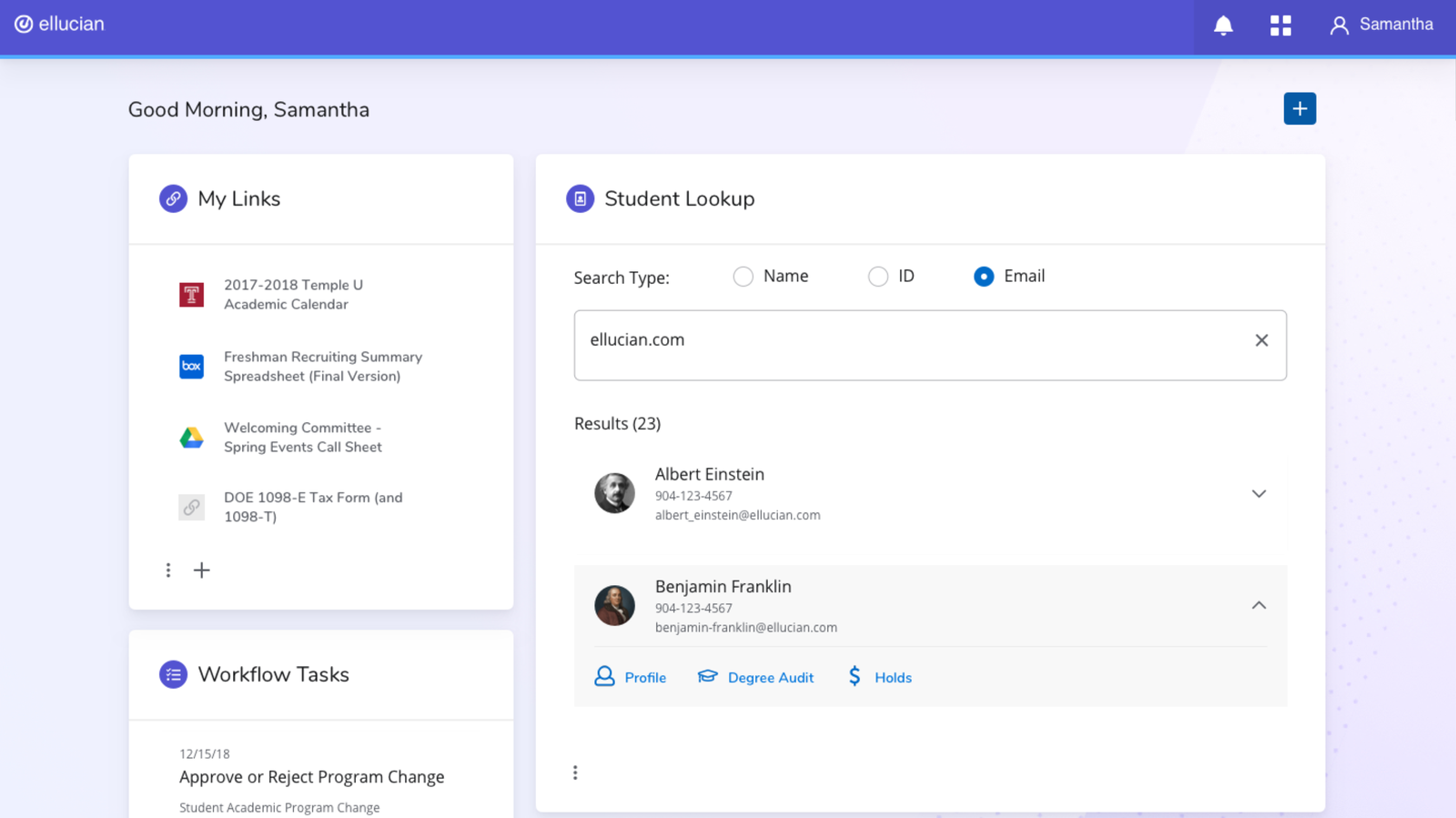 An early dashboard iteration showing My Links, Workflow Tasks, and a Student Lookup card on the old Ellucian-branded UI