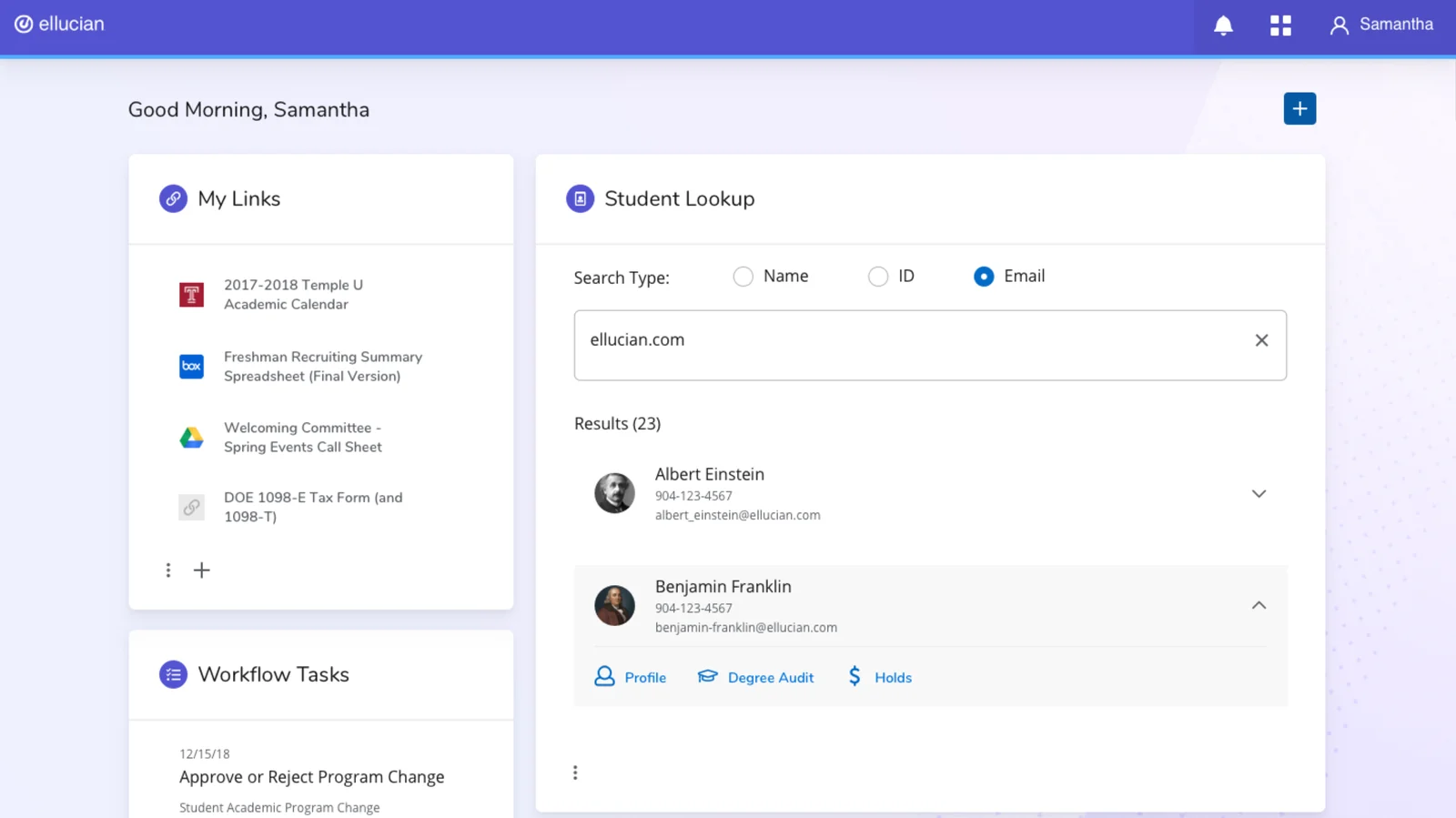 An early dashboard iteration showing My Links, Workflow Tasks, and a Student Lookup card on the old Ellucian-branded UI
