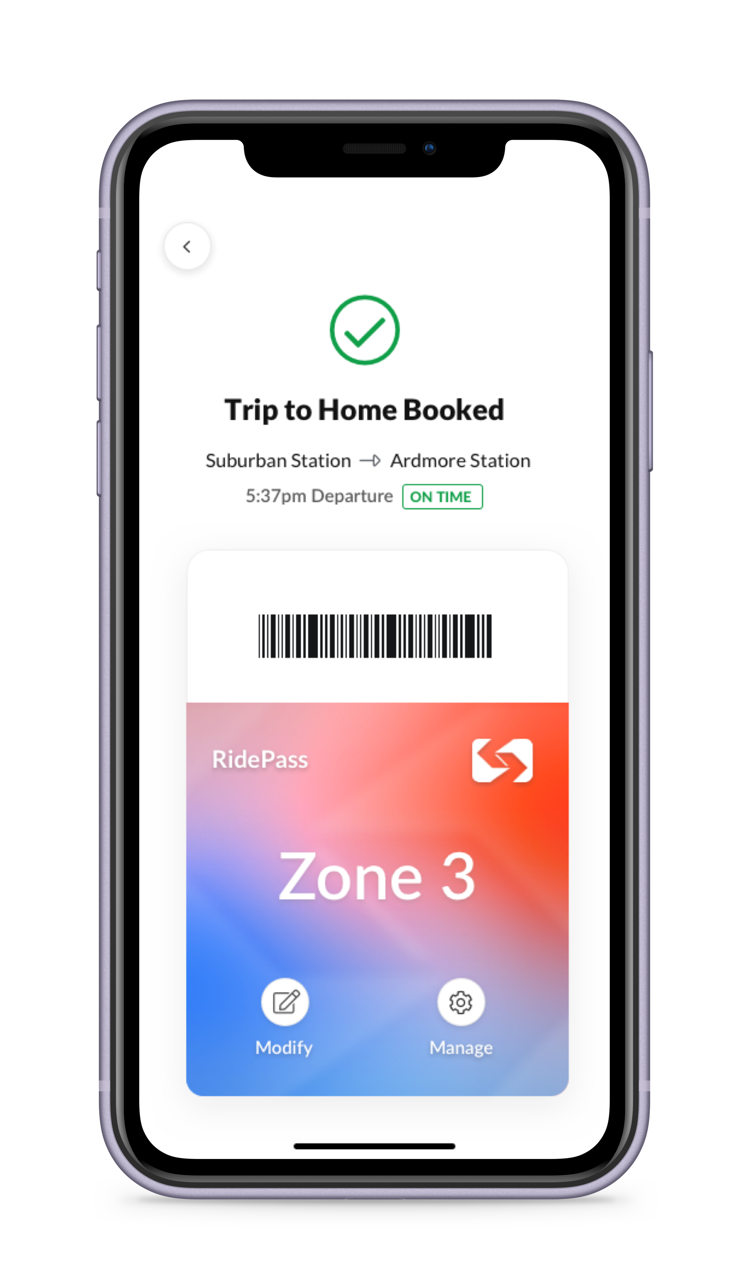 Trip to Home Booked confirmation screen with a digital RidePass barcode ticket for Zone 3