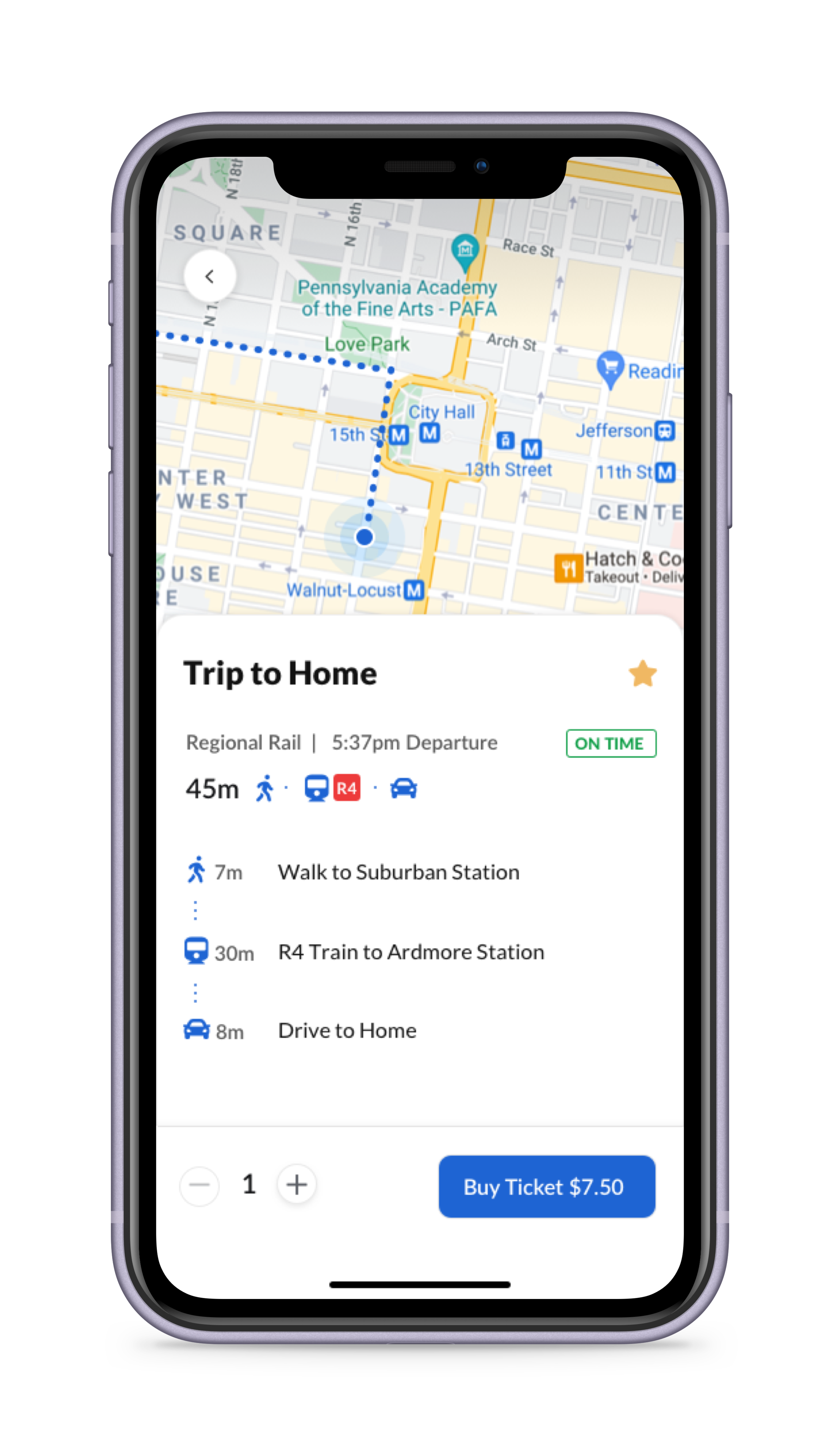 Trip detail screen with a map, step by step directions, and a Buy Ticket button for $7.50