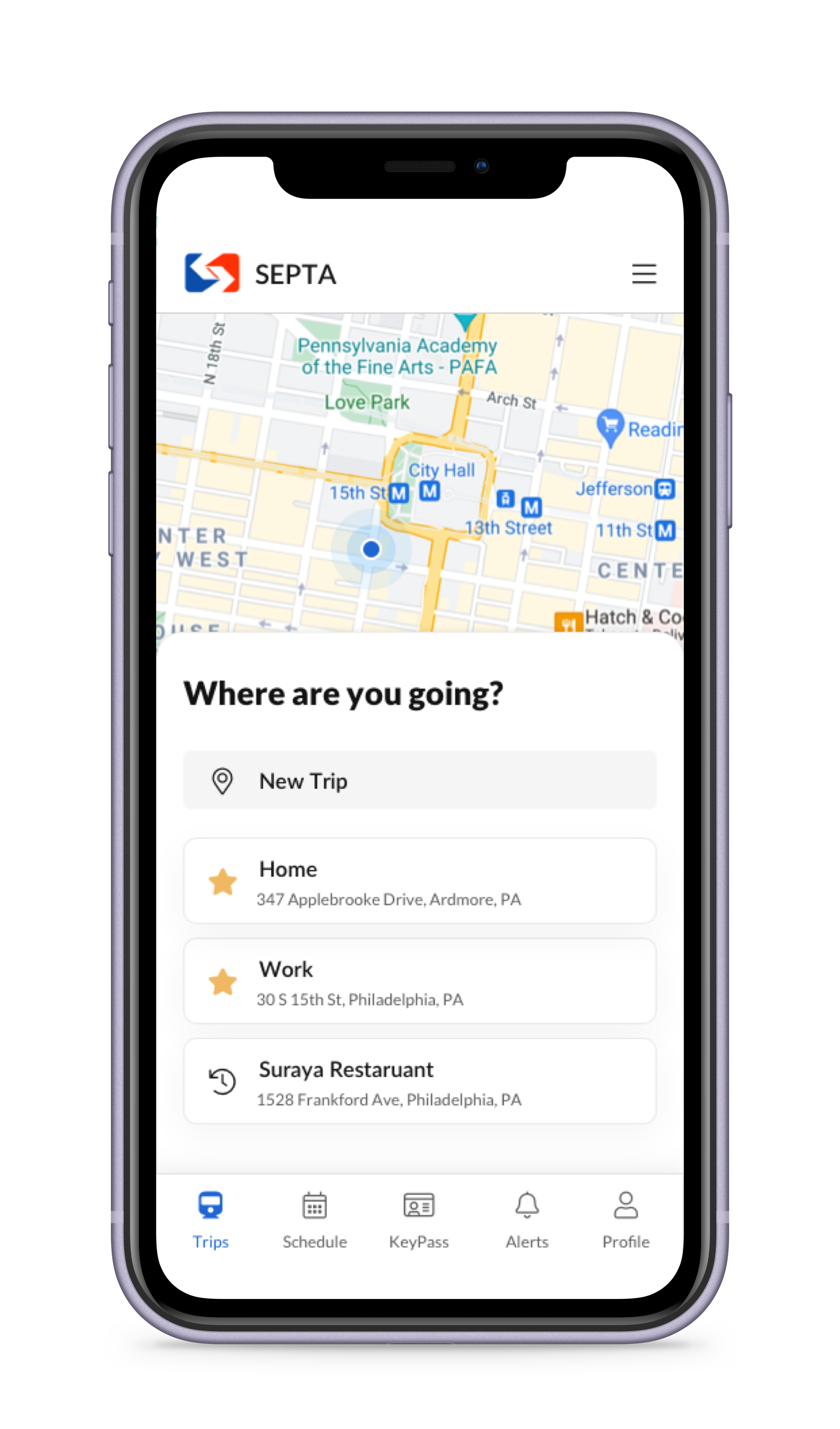 Trips home screen asking Where are you going, with saved locations for Home, Work, and a recent restaurant