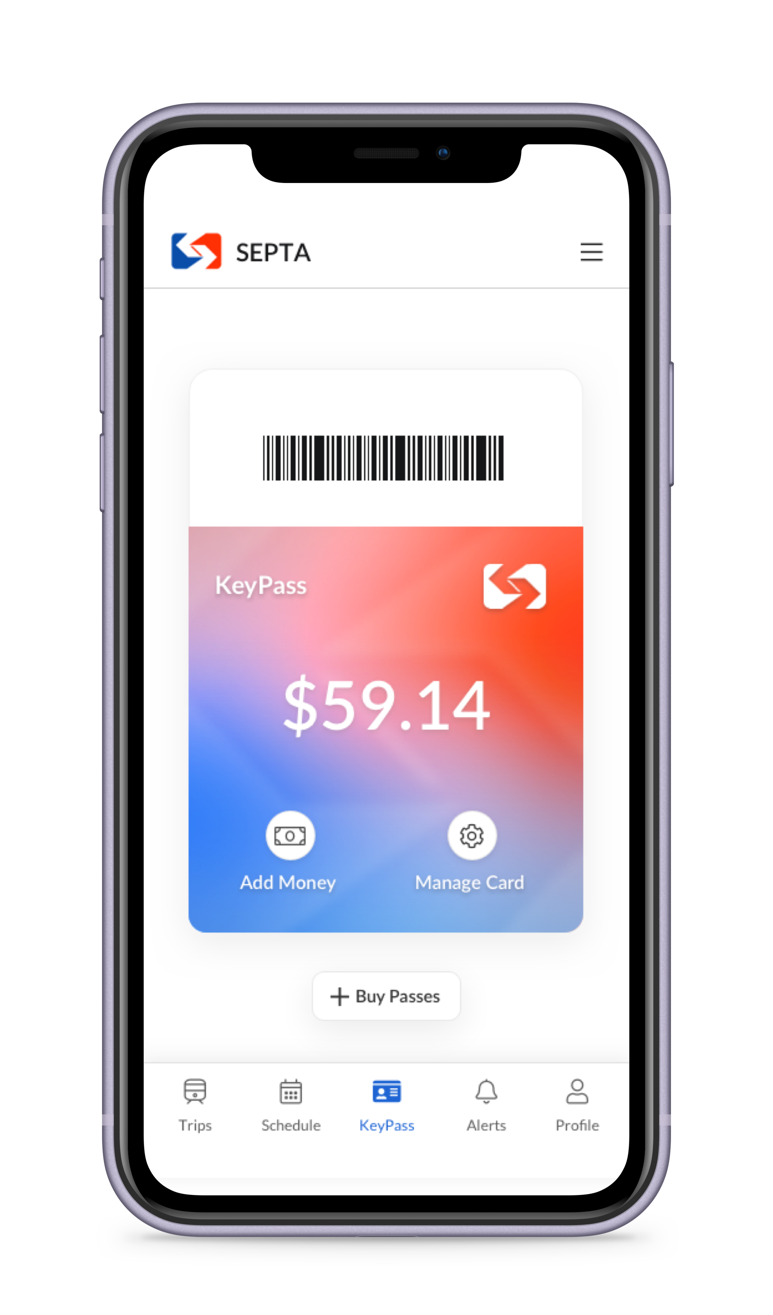 KeyPass wallet screen showing a $59.14 balance, with options to add money or manage the card