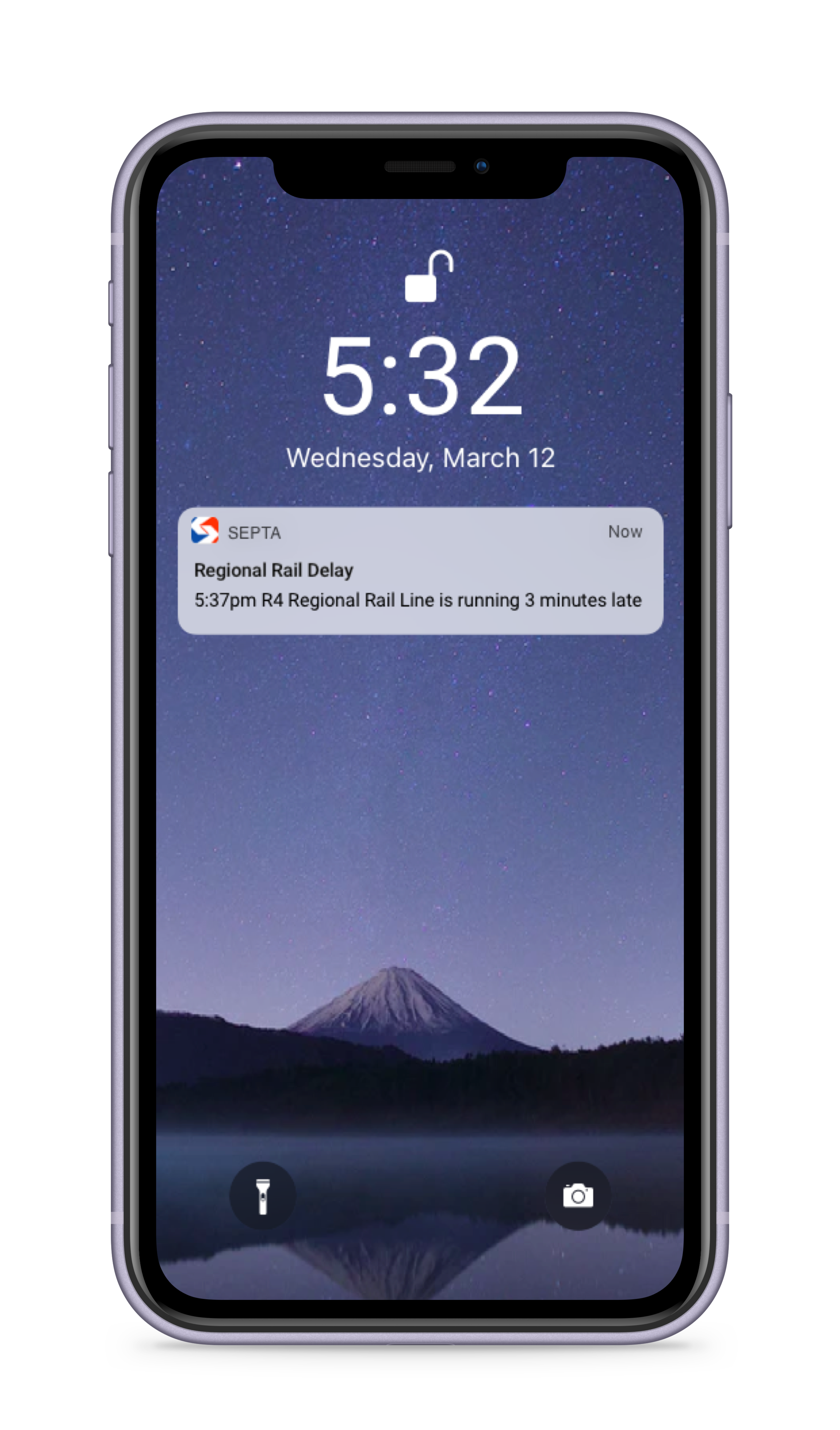 Lock screen notification: Regional Rail Delay, the 5:37pm R4 Regional Rail Line is running 3 minutes late