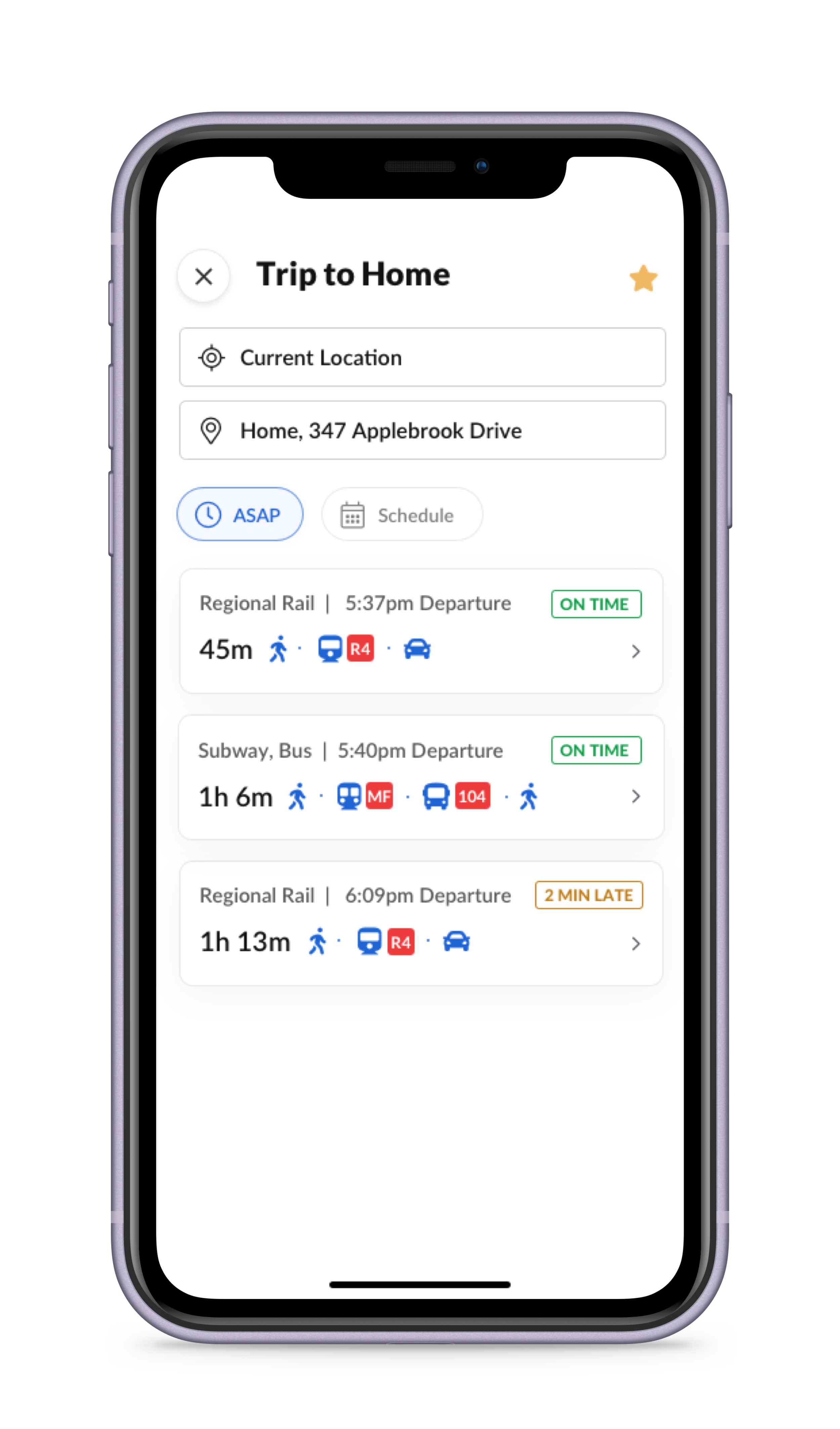 Trip to Home screen showing three route options by Regional Rail, Subway and Bus, with live on-time status