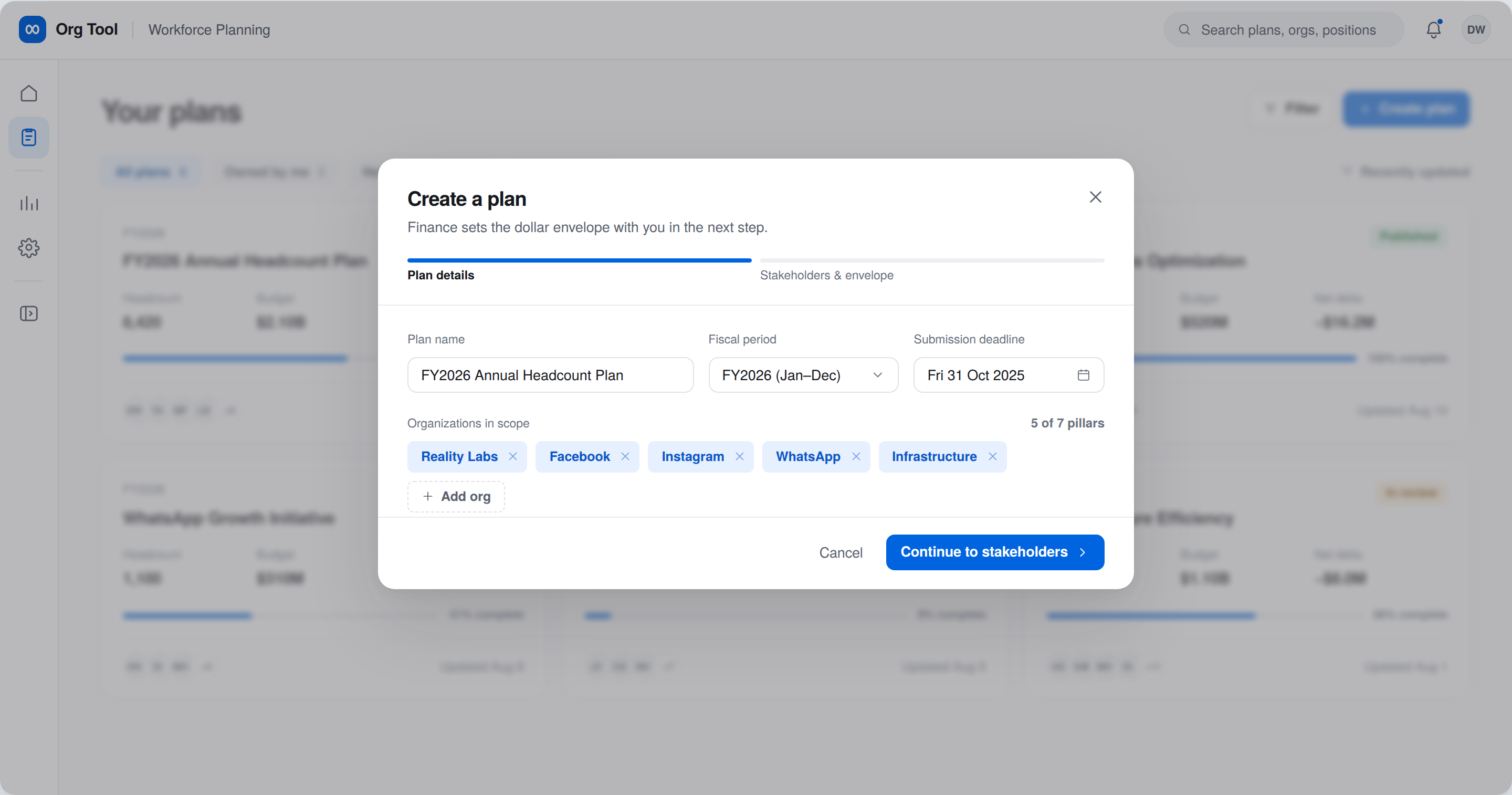 Create a plan modal with plan name, fiscal period, submission deadline, and organizations in scope