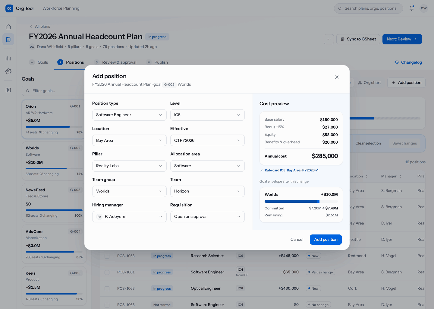 Animation of the add position modal, where the fully-loaded cost preview and goal envelope impact update before submission