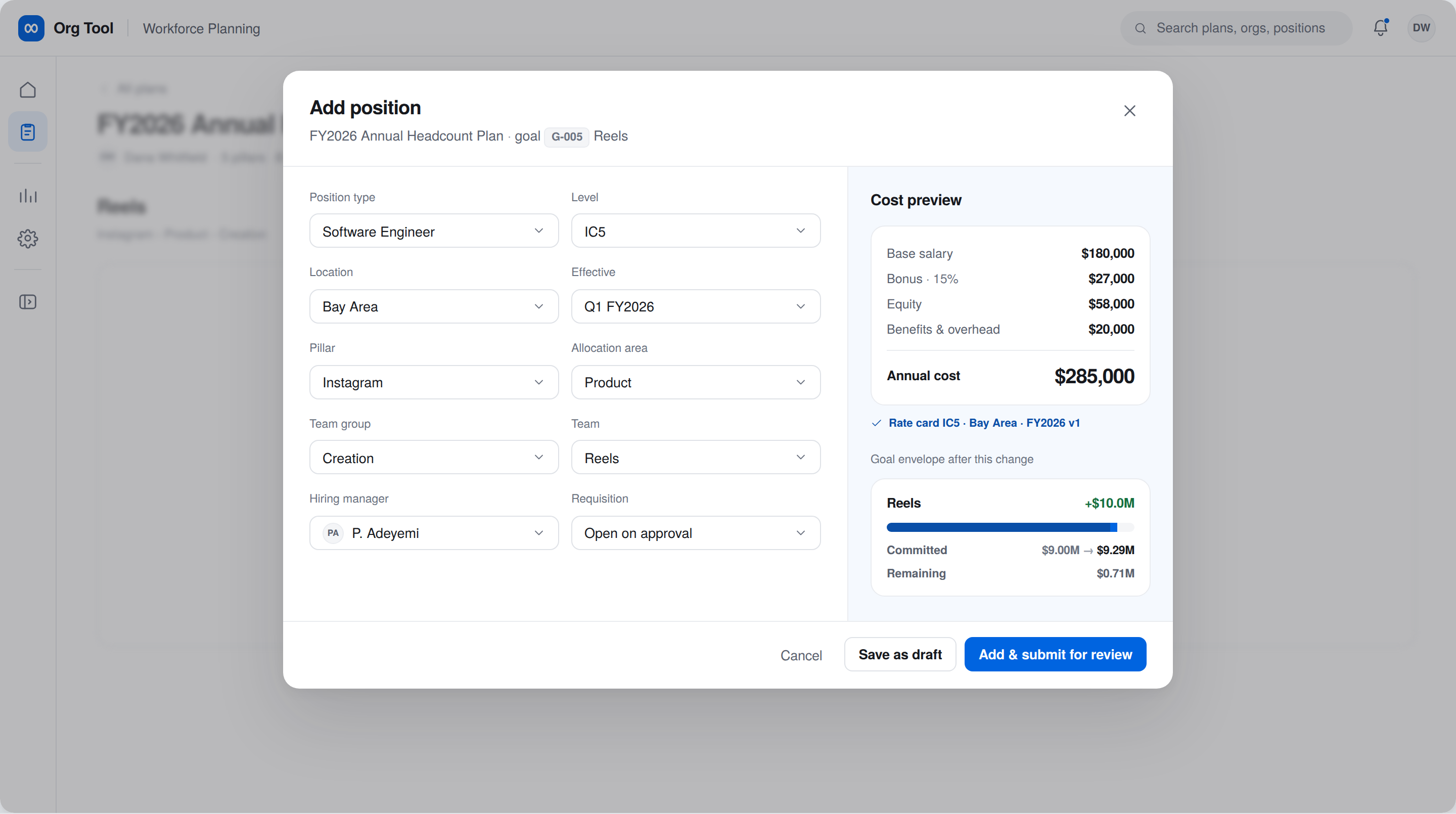 Add position modal with a live cost preview and goal envelope impact before submitting